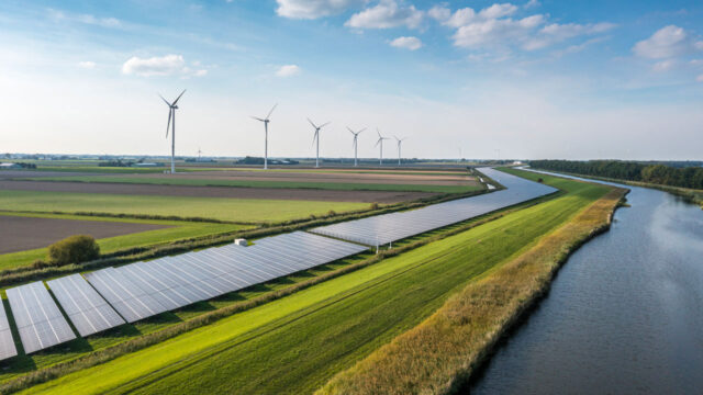 View of wind turbines and solar panels along a riverbank