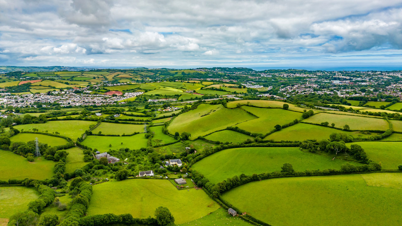 Aerial view of fields and communities in northwest England
