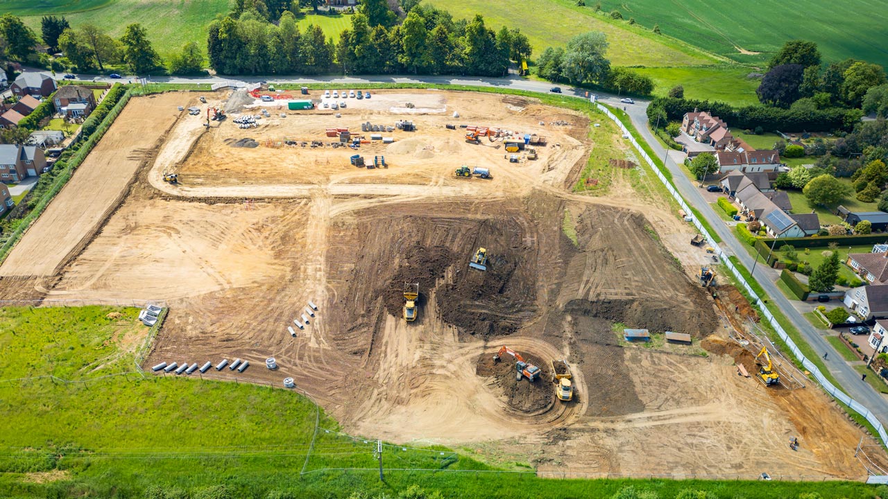 Aerial drone view looking down on new house foundations