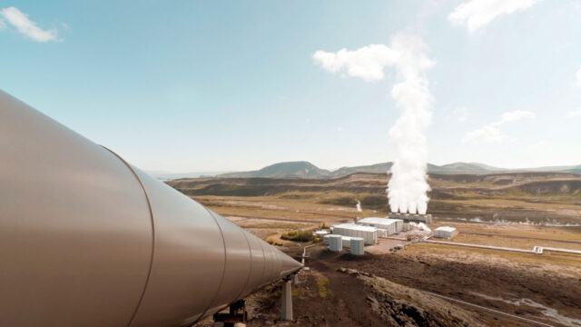 Pipe constructed downhill toward a geothermal power plant