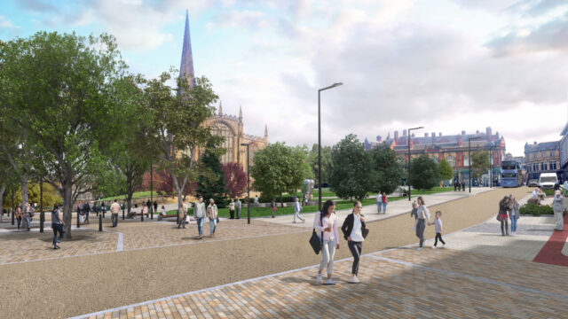 People walking through a landscaped town centre area