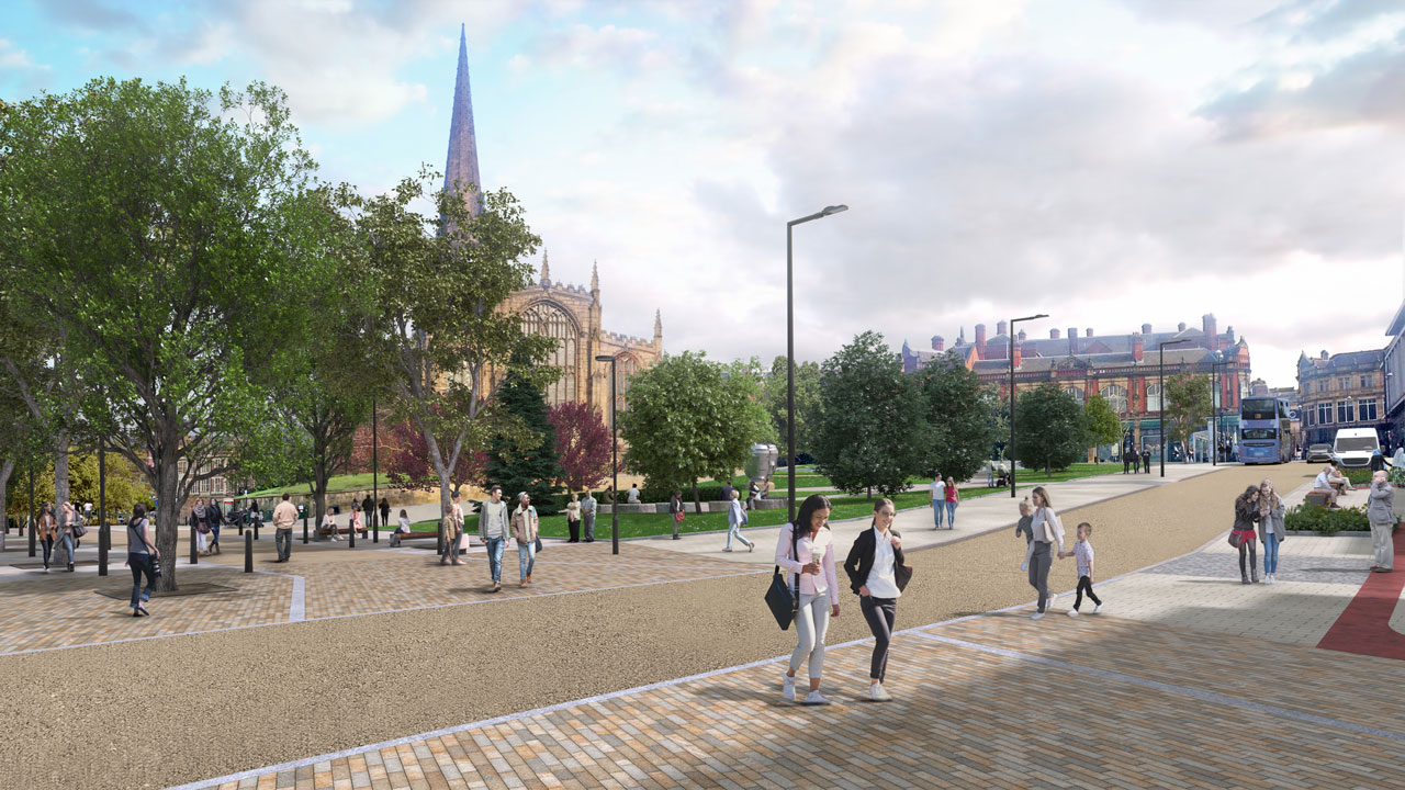 People walking through a landscaped town centre area
