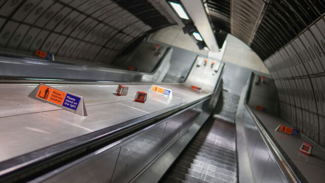 Aerial photo of subway escalators in London, United Kingdom