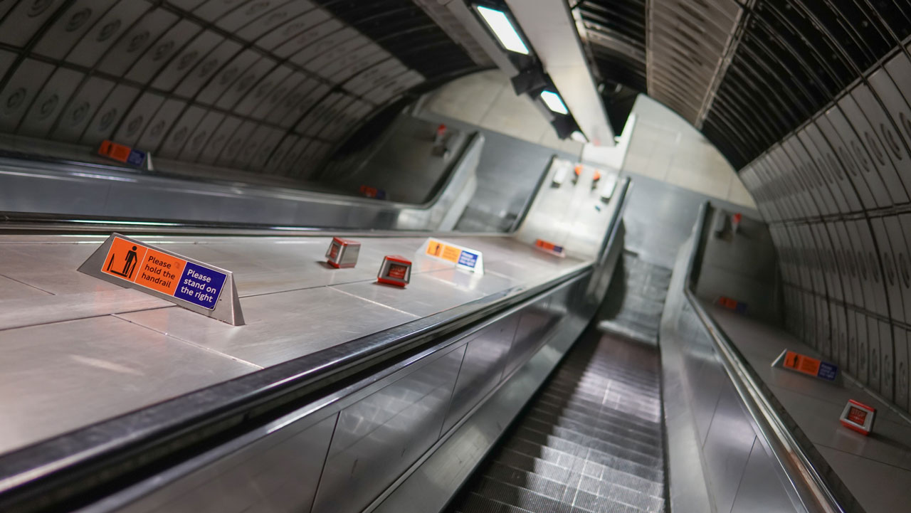 Aerial photo of subway escalators in London, United Kingdom