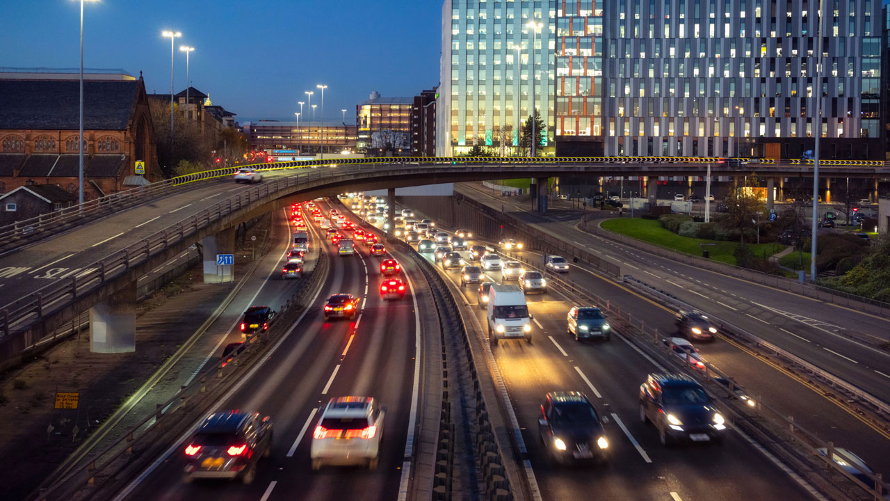 Nighttime view of a busy motorway junction