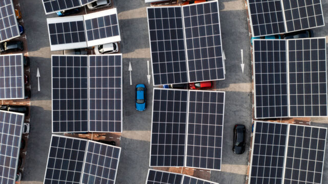 Aerial view of solar panels built over the top of a car park in the United Kingdom