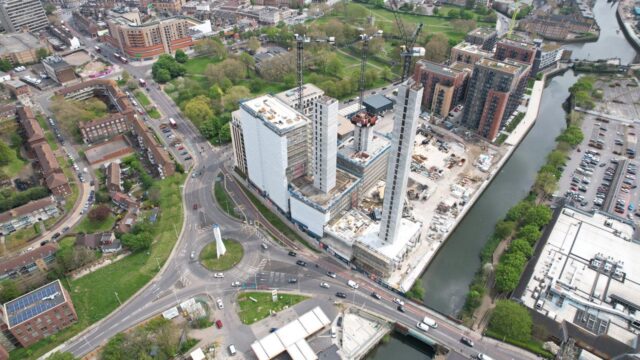 Aerial view of buildings in a town centre 
