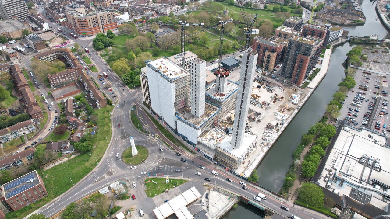 Aerial view of buildings in a town centre 
