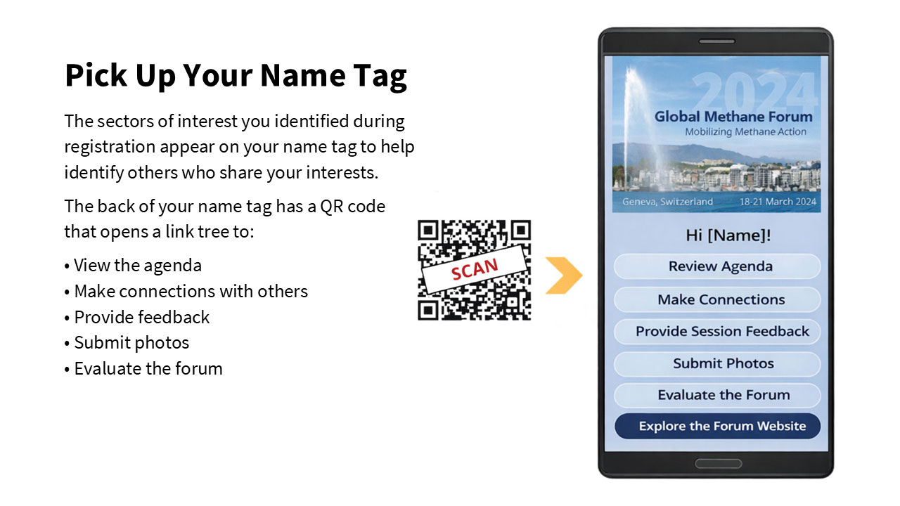 A graphic showing a conference mobile app. Left-side text reads, “Pick Up Your Name Tag. The sectors of interest you identified during registration appear on the name tag to help identify others with shared interests. The back of your name tag has a QR code that opens a link tree to: View the agenda; Make connections with others; Provide feedback; Submit photos; Evaluate the forum.” 