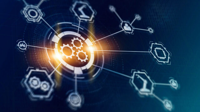 Interconnected icons on a dark blue screen