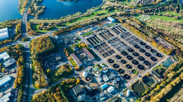 Aerial photo of purification tanks of modern wastewater treatment plant