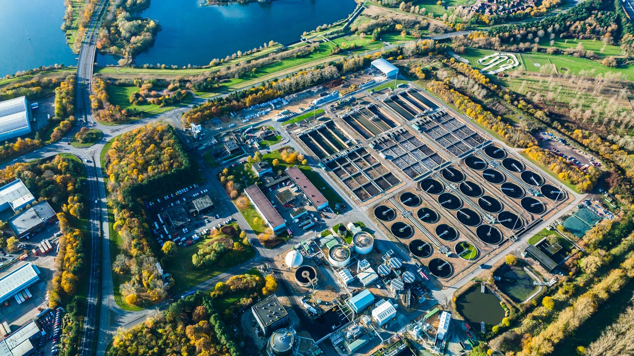 Aerial photo of purification tanks of modern wastewater treatment plant