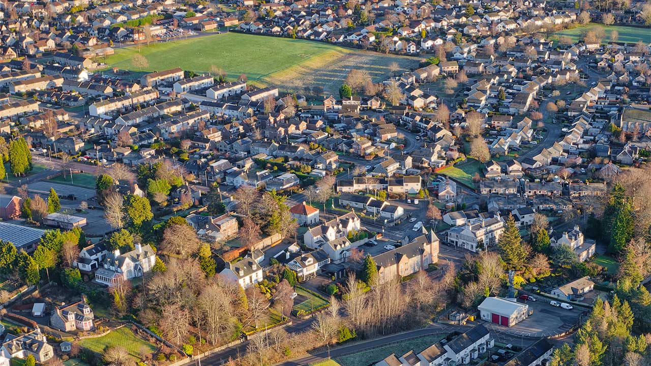 An aerial view of a village in the English Countryside