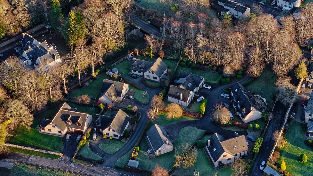 An aerial view of a village in the English Countryside