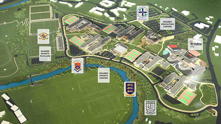 An aerial map of a large campus layout featuring various buildings and sports facilities, with labeled areas including a shared sports pavilion, sports center, and education center, surrounded by green spaces and a river
