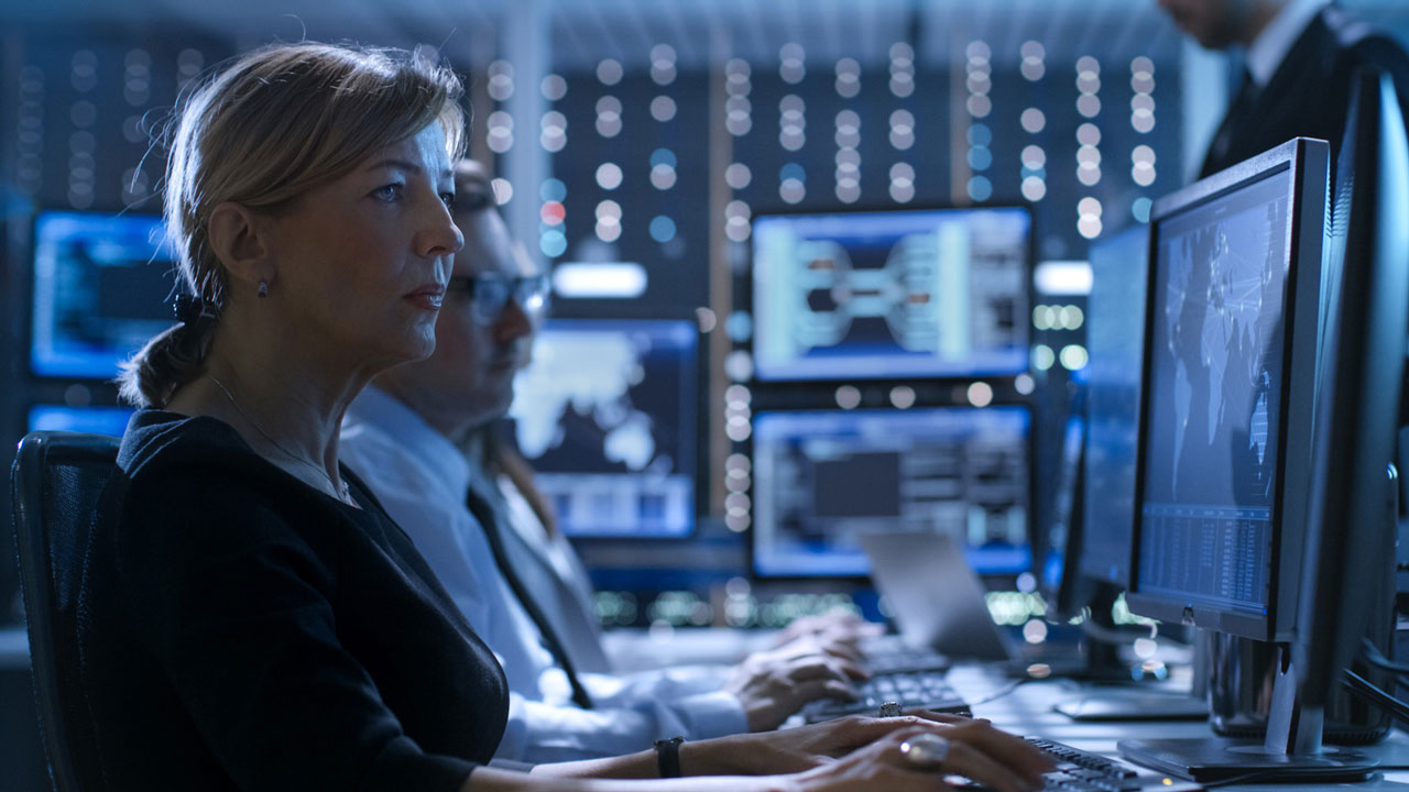 Two workers looking at computer screens