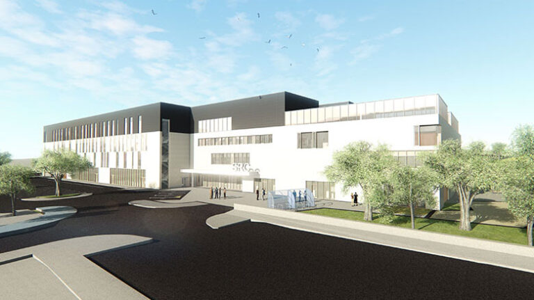 Architectural rendering of a modern building with a sleek design, featuring large windows and landscaped surroundings