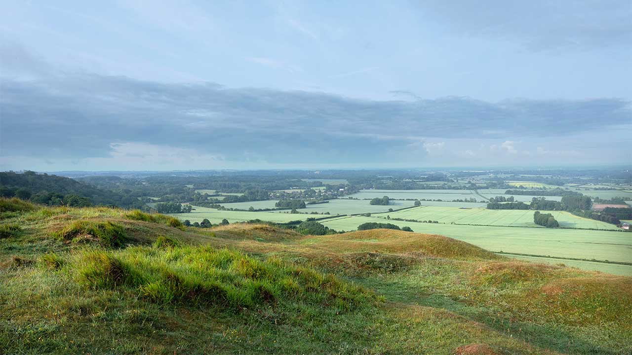 A view of the English rolling countryside in the daytime