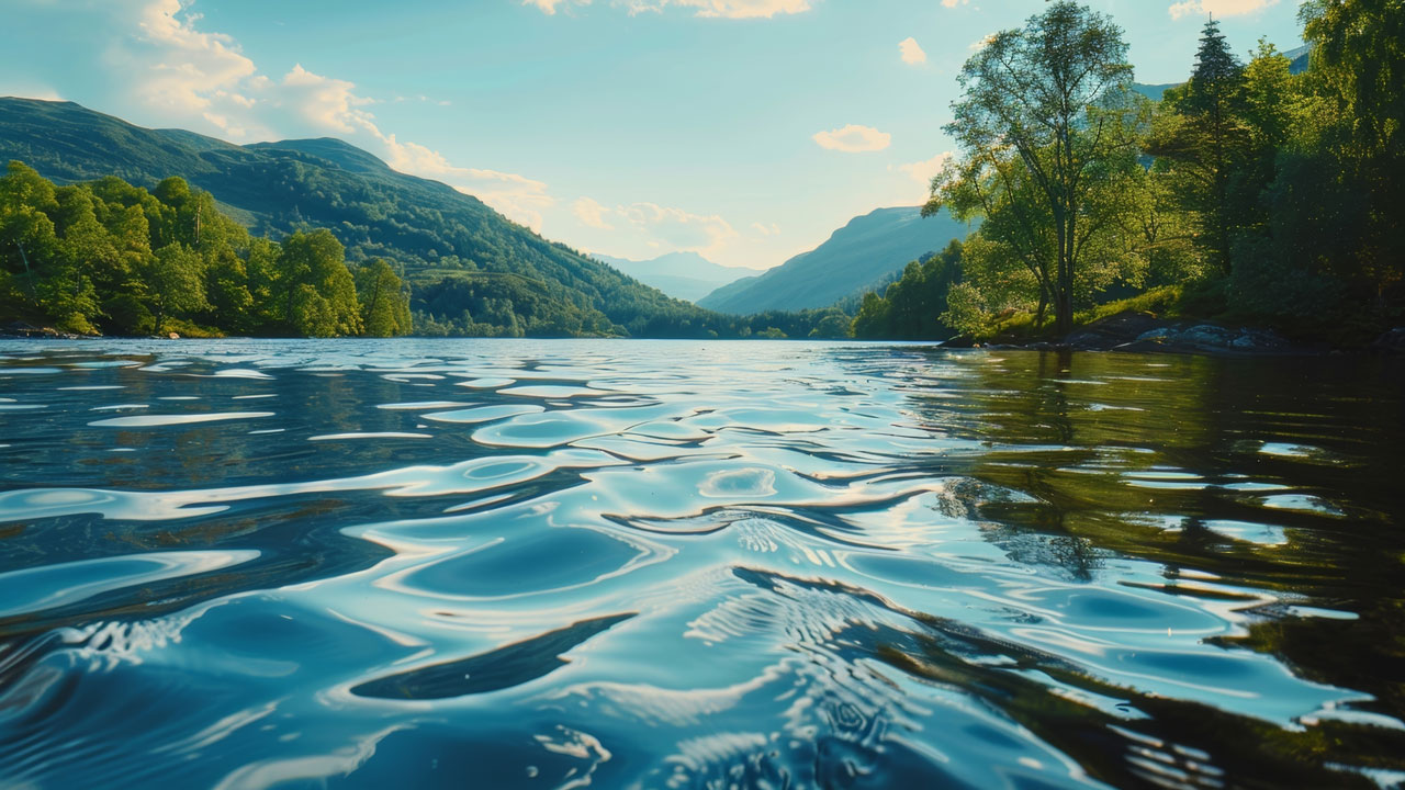 A river landscape with mountains in the background