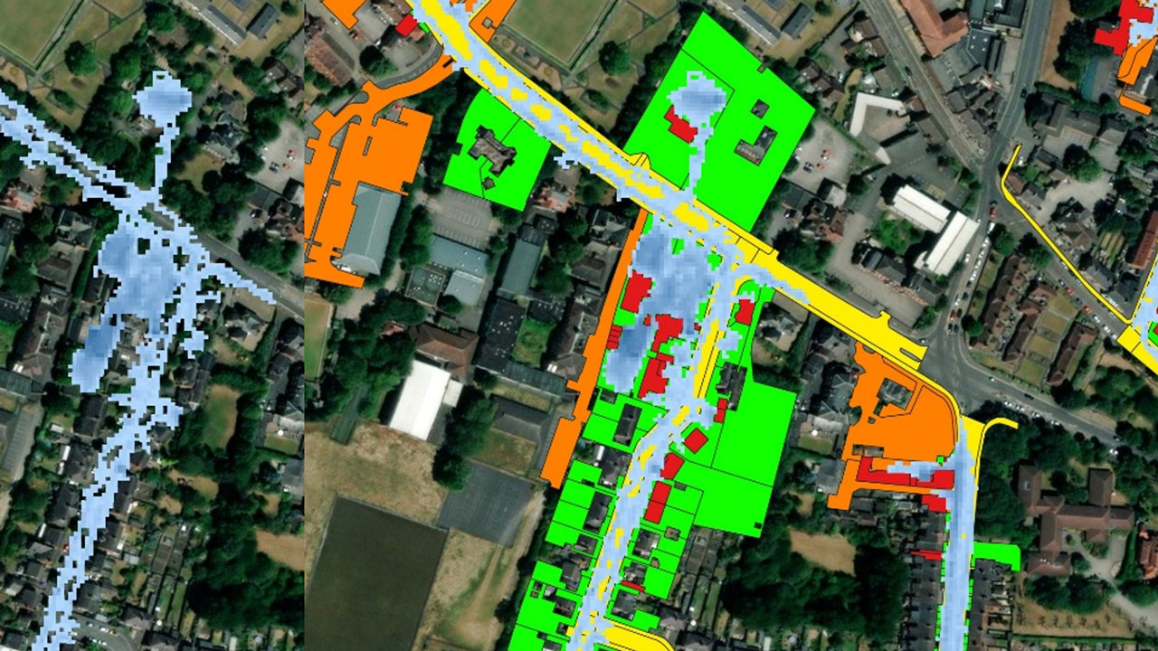 Arial view of fields with coloured outline of flood zones