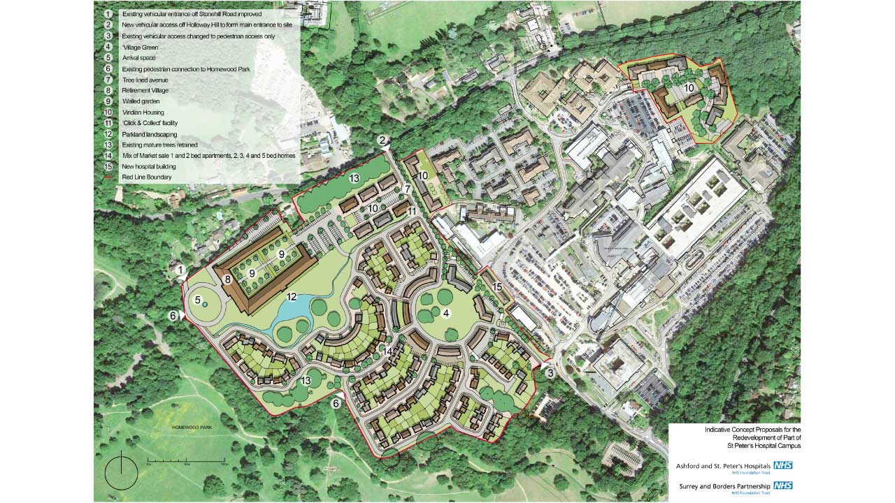 A detailed map showing the proposed redevelopment of St. Peter's Hospital campus, including residential areas, green spaces, and new facilities, with numbered features and a legend