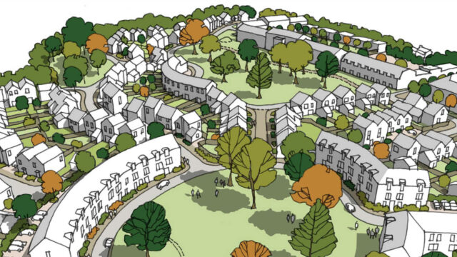 An illustrated aerial view of a residential development featuring various houses, green spaces, and trees arranged in a circular layout