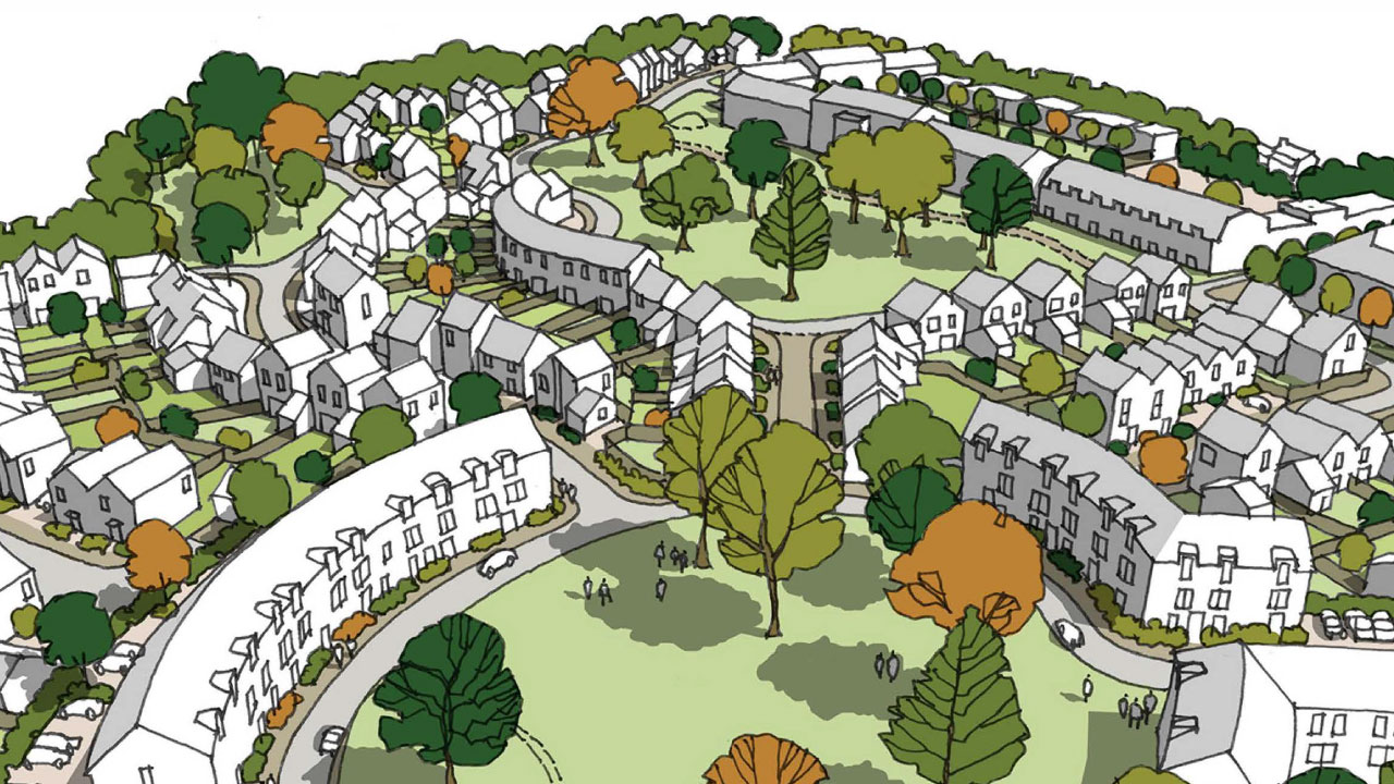 An illustrated aerial view of a residential development featuring various houses, green spaces, and trees arranged in a circular layout