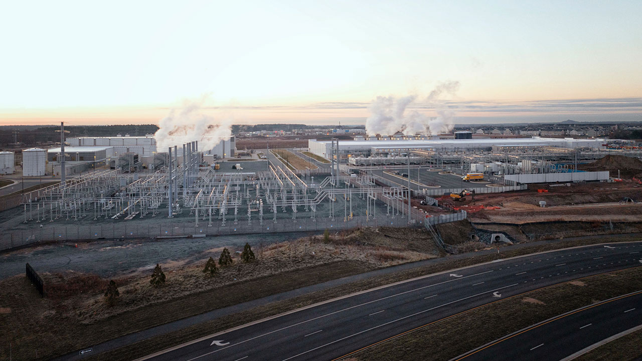 Aerial view of a power sub station and data center in Sterling, Virginia