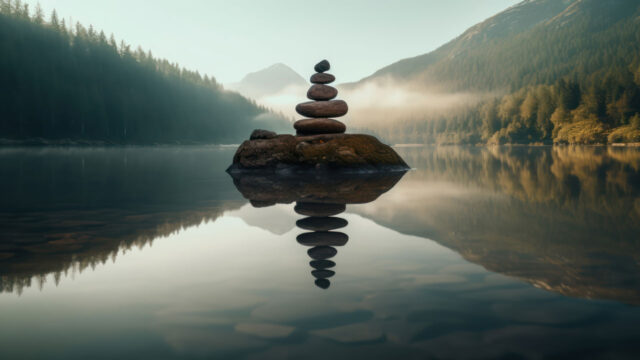 A small tower of rocks balanced at the edge of a lake