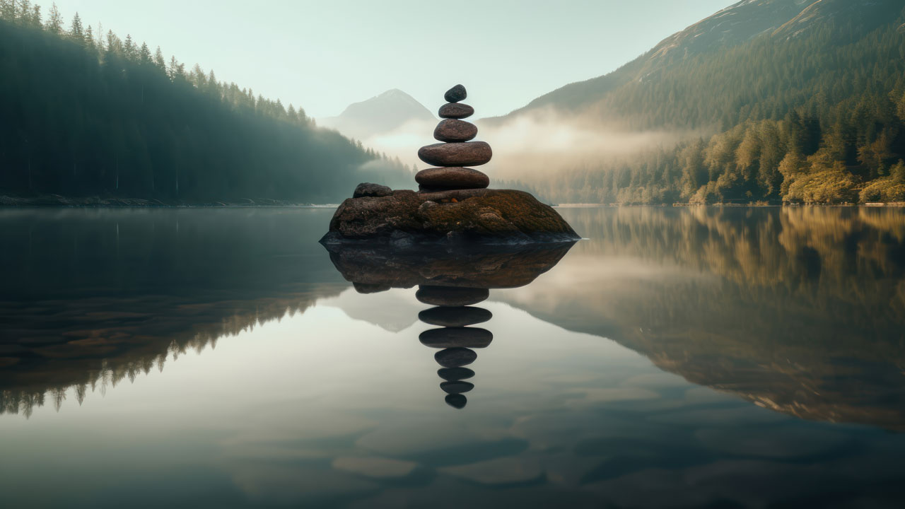 A small tower of rocks balanced at the edge of a lake