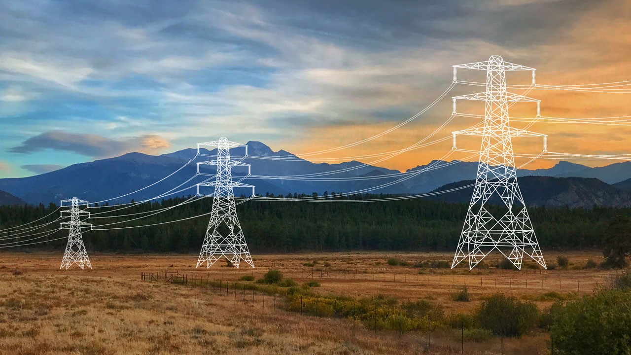 High-voltage transmission towers and power lines span an open landscape, illustrated with white line overlays to represent planning, routing, and siting design