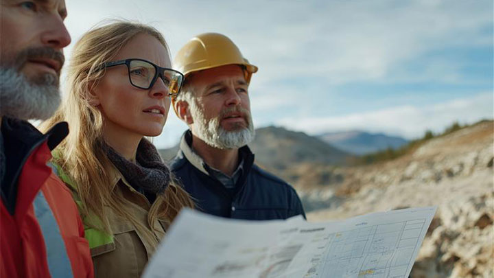 Field engineers review project plans on site, conducting compliance monitoring and oversight during construction activities