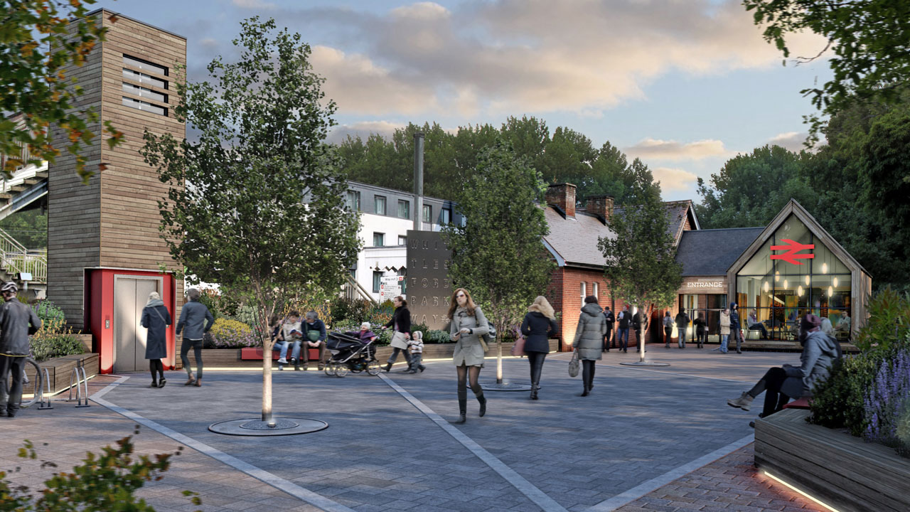 Architectural rendering of a vibrant street scene featuring pedestrians, cyclists, and a mix of traditional and modern buildings