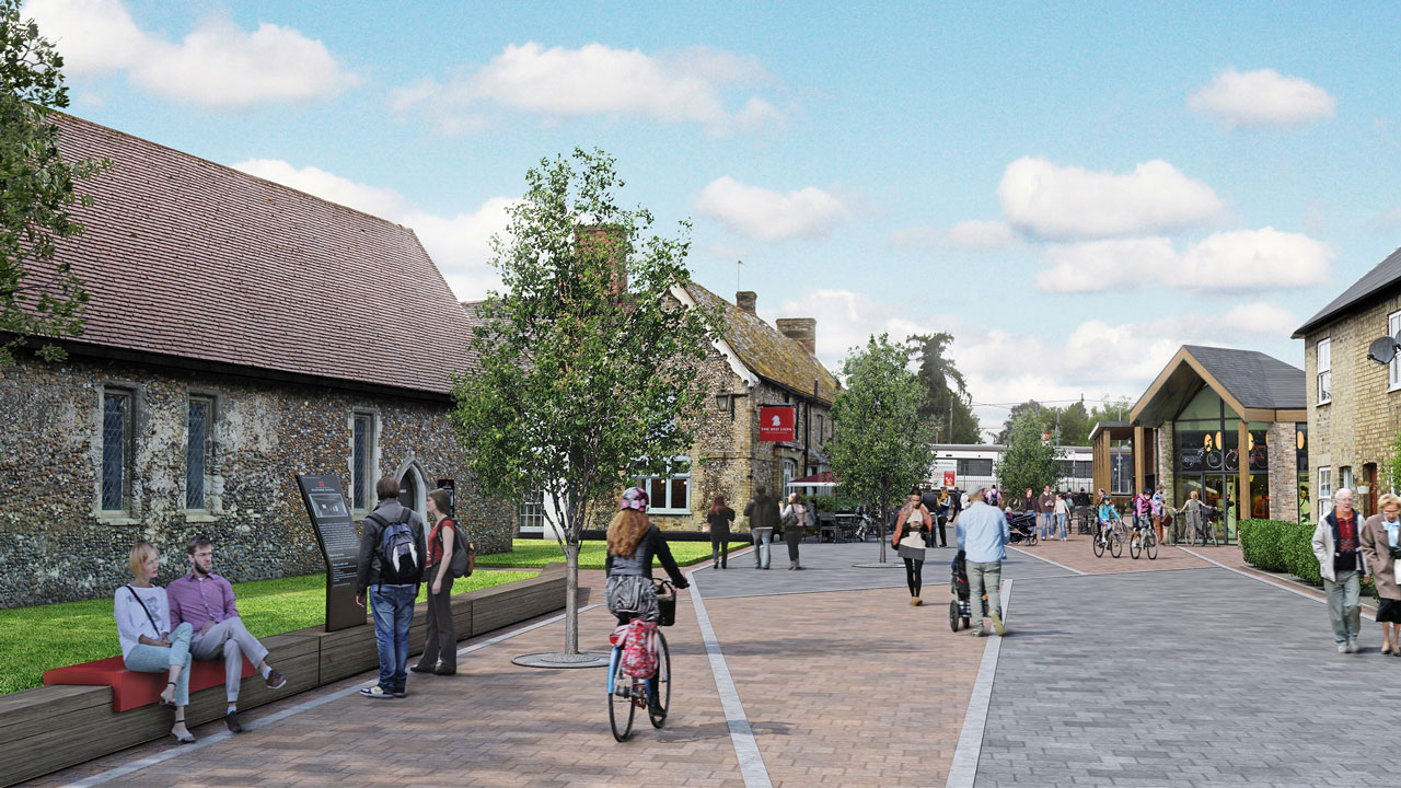 Architectural rendering of a vibrant street scene featuring pedestrians, cyclists, and a mix of traditional and modern buildings