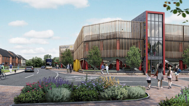 Architectural rendering of a modern building with wooden slats, surrounded by greenery and pedestrians