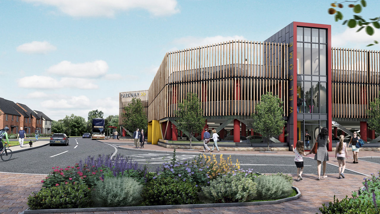 Architectural rendering of a modern building with wooden slats, surrounded by greenery and pedestrians