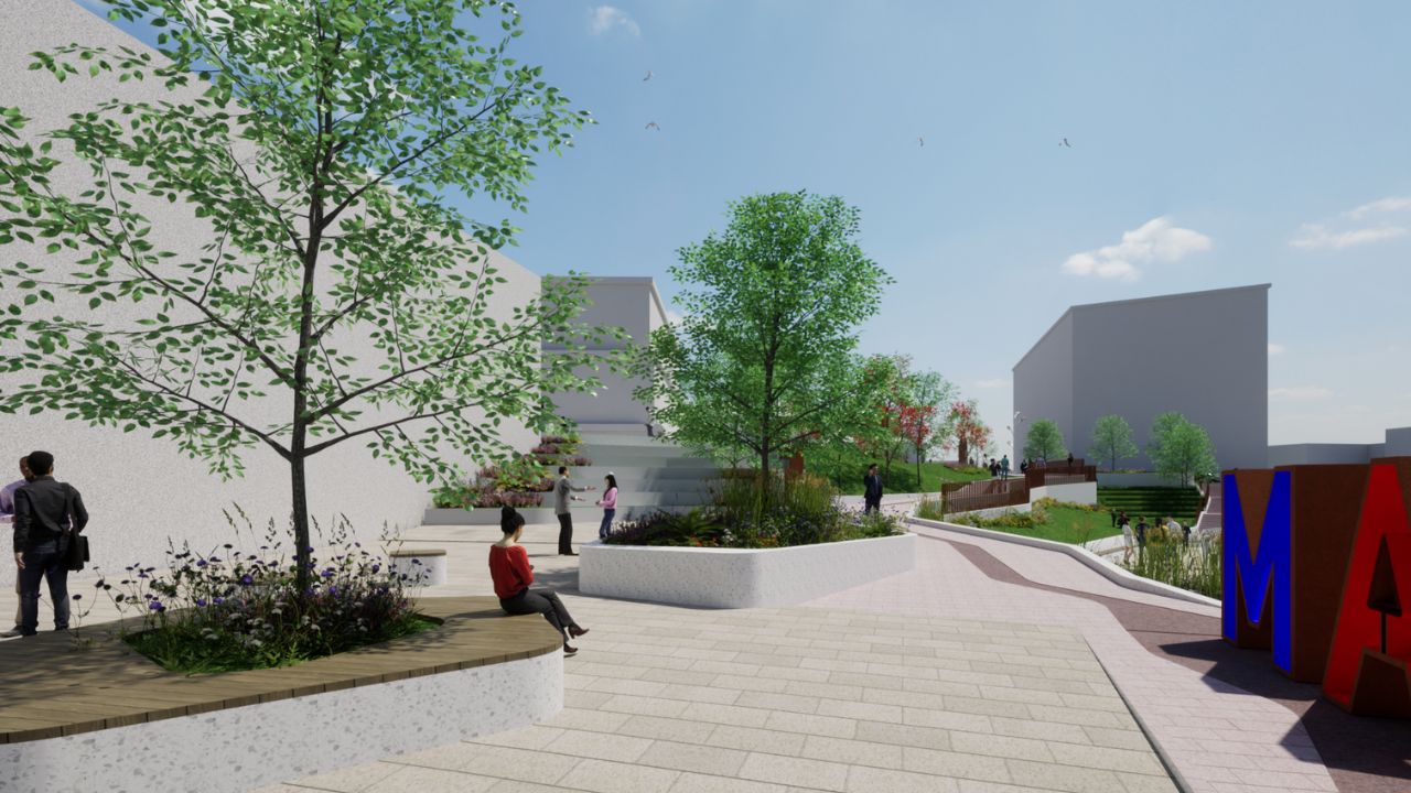 A digital rendering of a modern urban park with paved walkways, green trees, flower beds, seating areas, and people walking and sitting, with colourful large letters of the Rotherham sign partially visible on the right