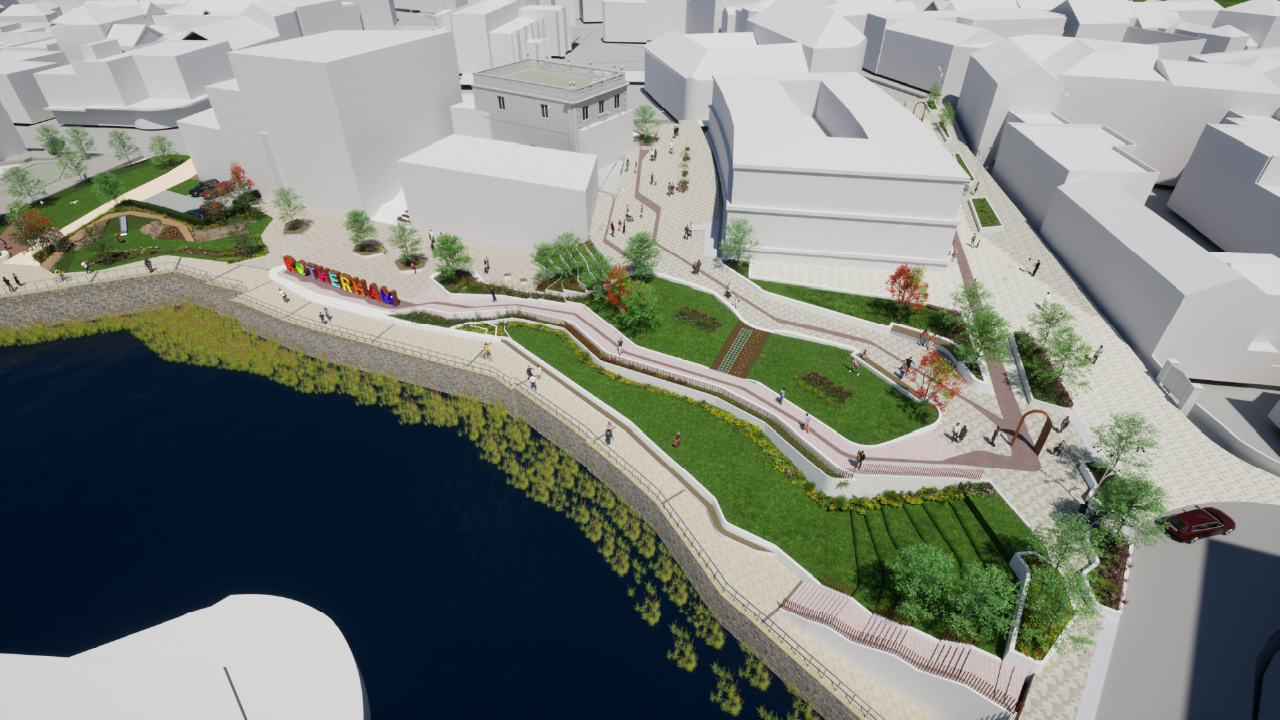 A 3D architectural rendering of a riverside urban park with winding walking paths, green lawns, trees, and a colourful “Rotherham" sign along the waterfront, surrounded by modern buildings