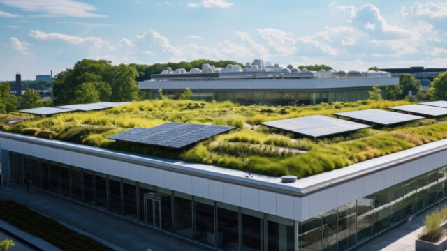 Modern commercial building with a green roof and integrated solar panels, surrounded by trees