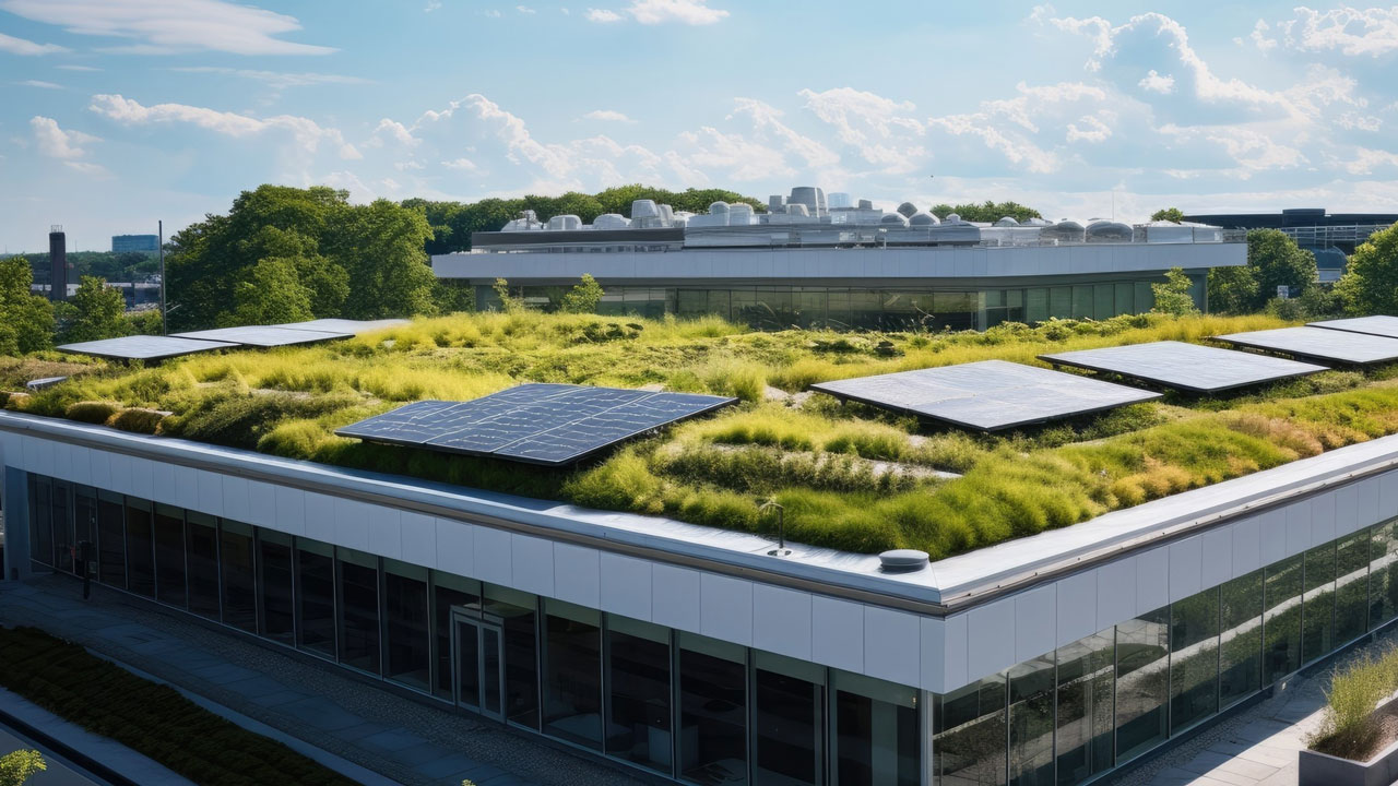 Modern commercial building with a green roof and integrated solar panels, surrounded by trees