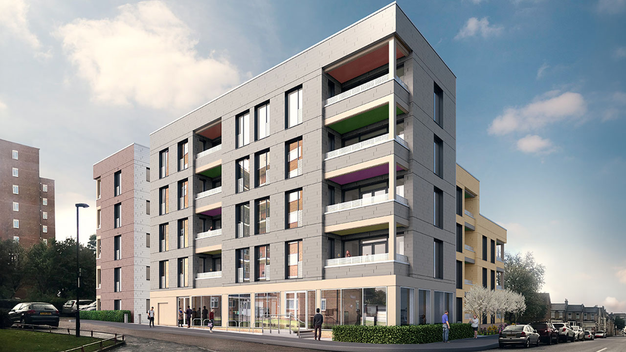 Render image of a modular home complex