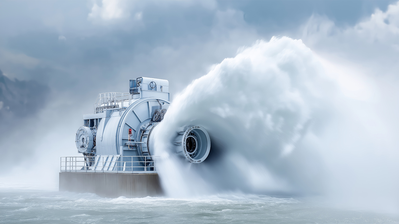 Large industrial water turbine releasing a massive spray of water into a misty reservoir