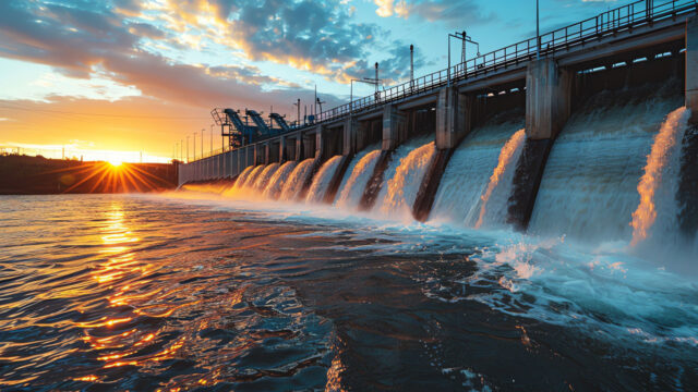 A dam spillway at sunset with the sun reflection on rippled water