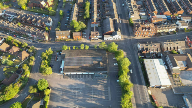 Aerial view of solar panels pv on a roof in the UK