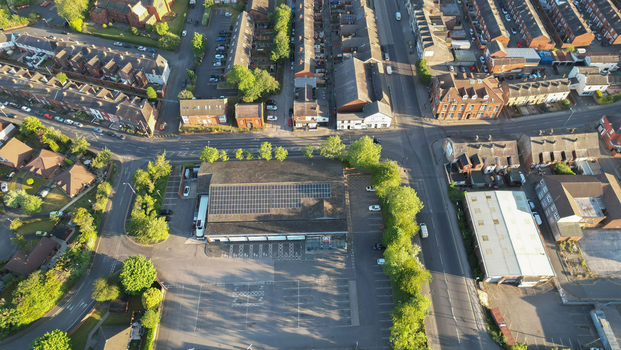 Aerial view of solar panels pv on a roof in the UK