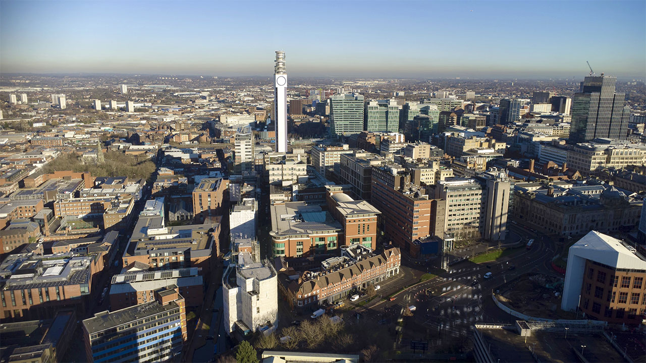 Aerial view of Birmingham's metropolis cityscape