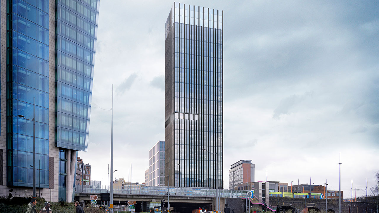 Computer generated image of 39-storey mixed-use residential building within an urban setting