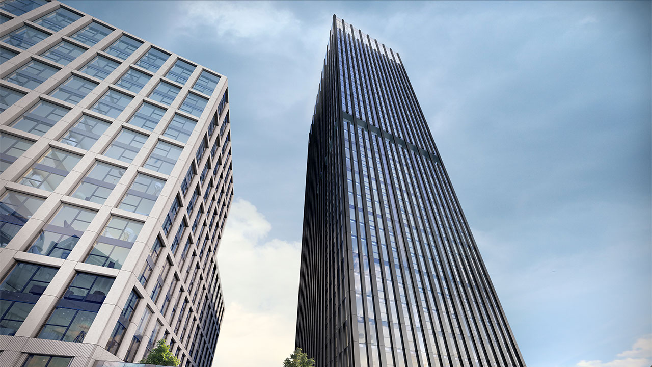 Computer generated image of 39-storey mixed-use residential building within an urban setting