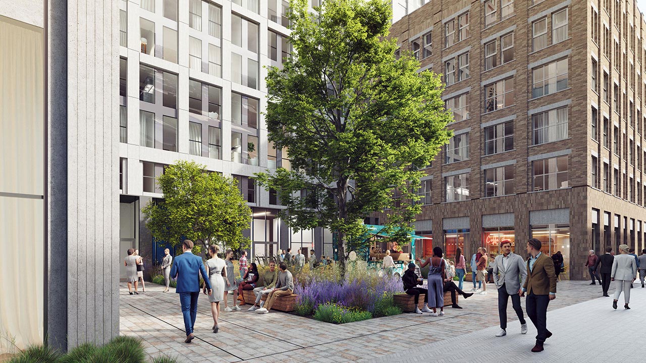 Computer generated street view of the gardens and community square at the mixed-use residential development