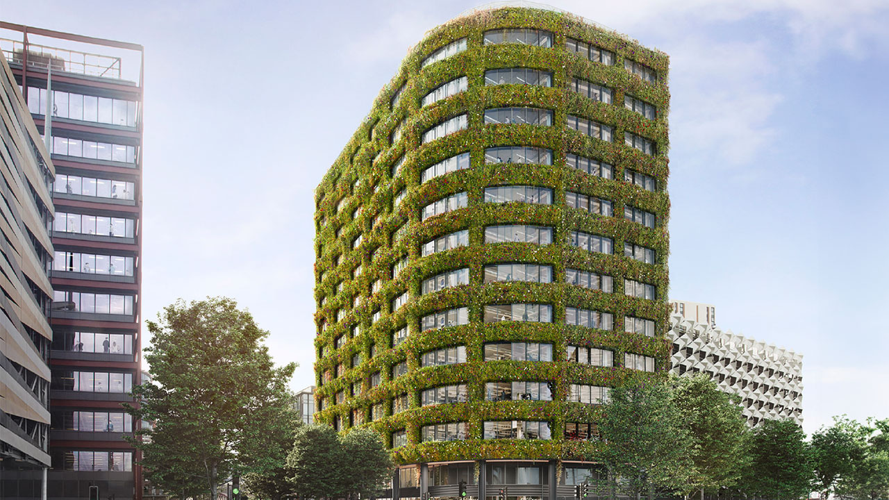 CGI image of a 12-storey office block with a façade of plants across the whole exterior